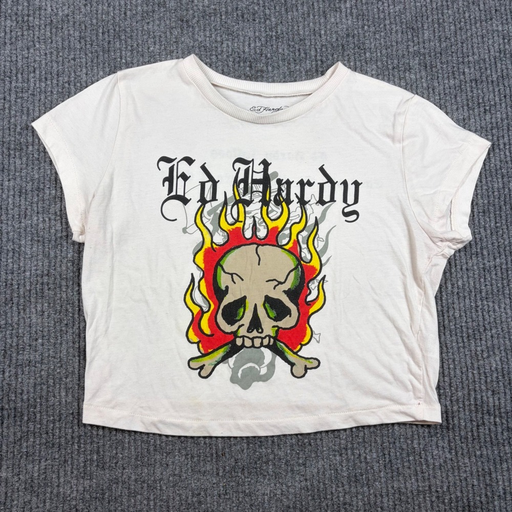 Ed Hardy Shirt Women's L Women Skull Fire Graphic Crop Top Cream Y2K Tattoo